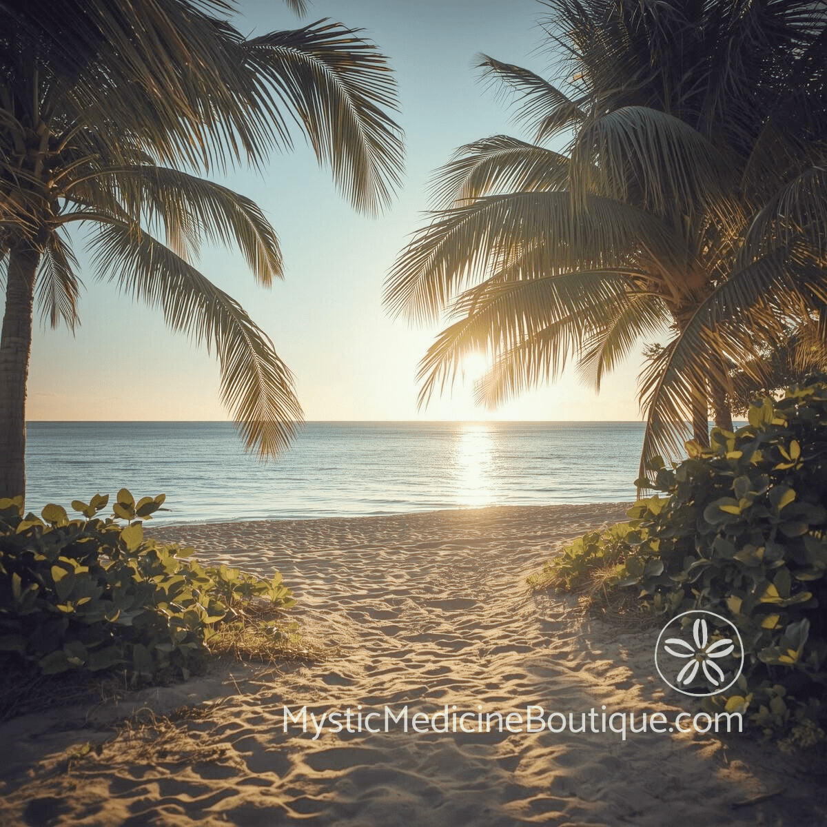 Sandy beach path framed by palm trees opening to calm ocean at sunrise — betrayal healing path discernment guidance from an RN.