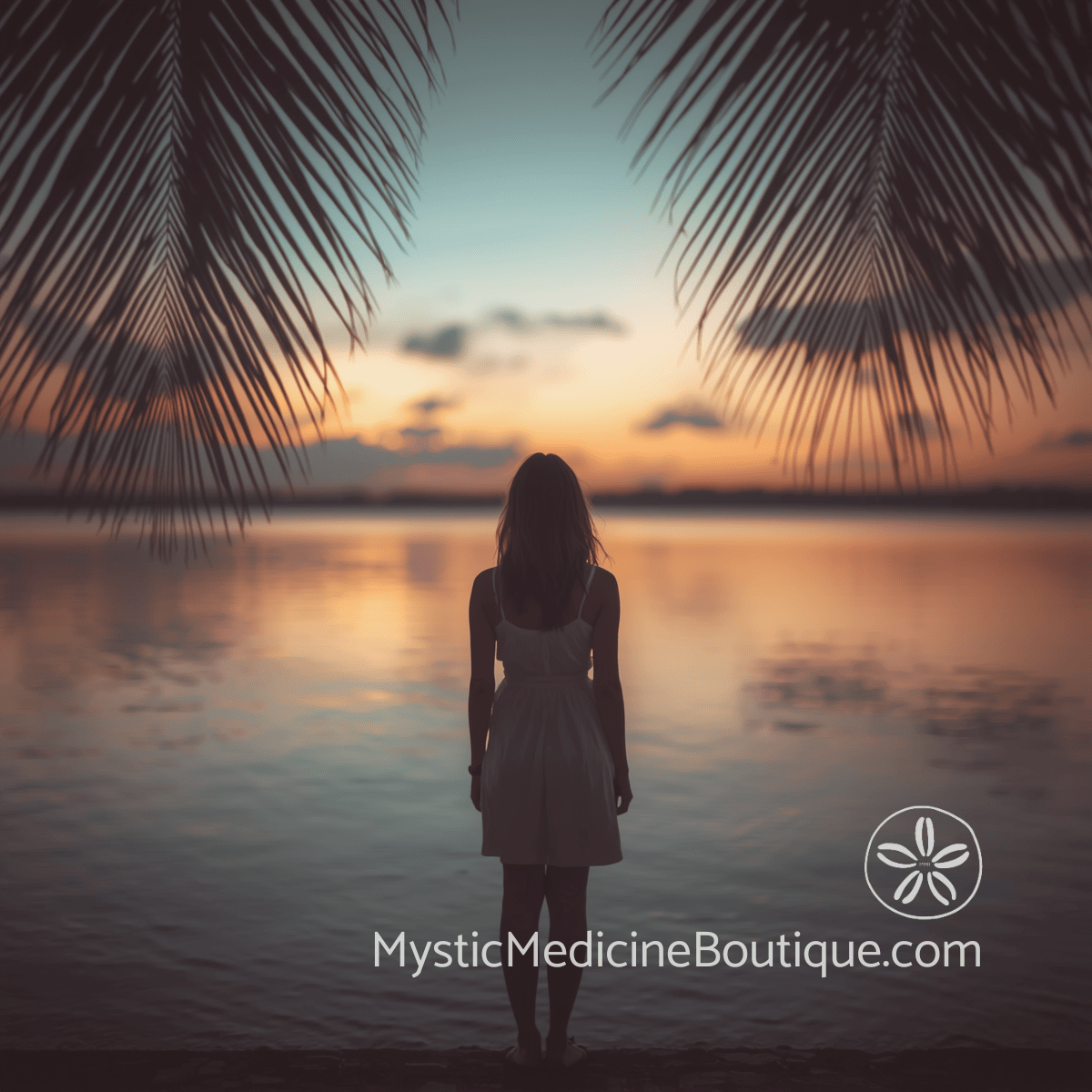 Woman standing at edge of calm tropical water at sunset framed by palm fronds, contemplative silhouette facing open horizon, shadow work discernment during illness and grief