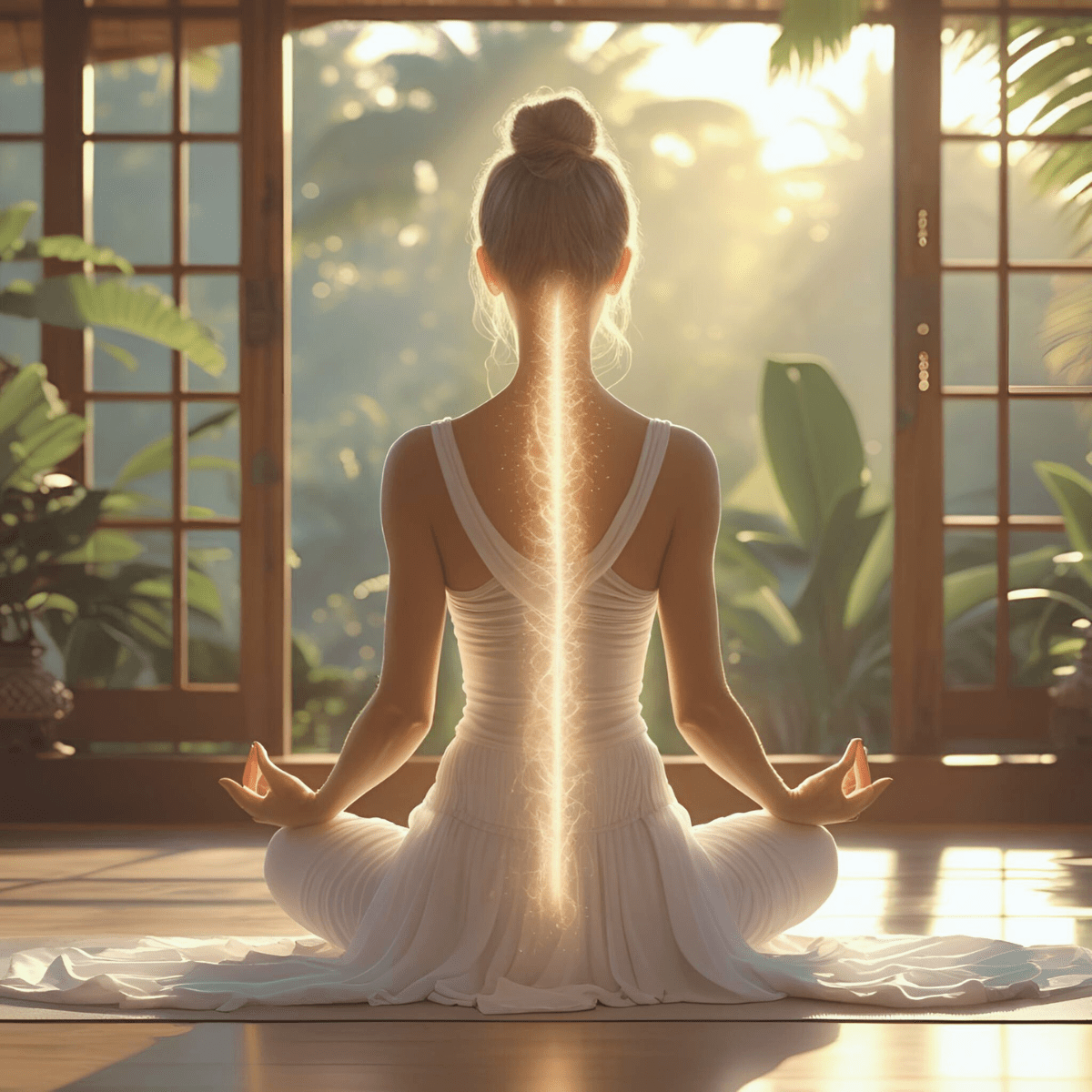 Woman in white meditating with glowing spine energy in sunlit room representing the intense energetic activation of kundalini awakening