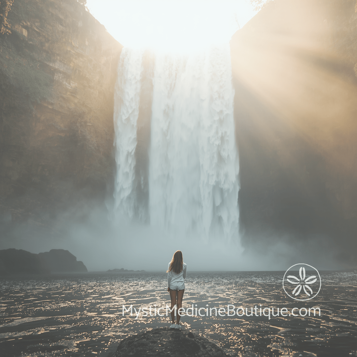 Woman in white standing before a massive tropical waterfall with golden light rays — how to navigate a consciousness shift during kundalini awakening