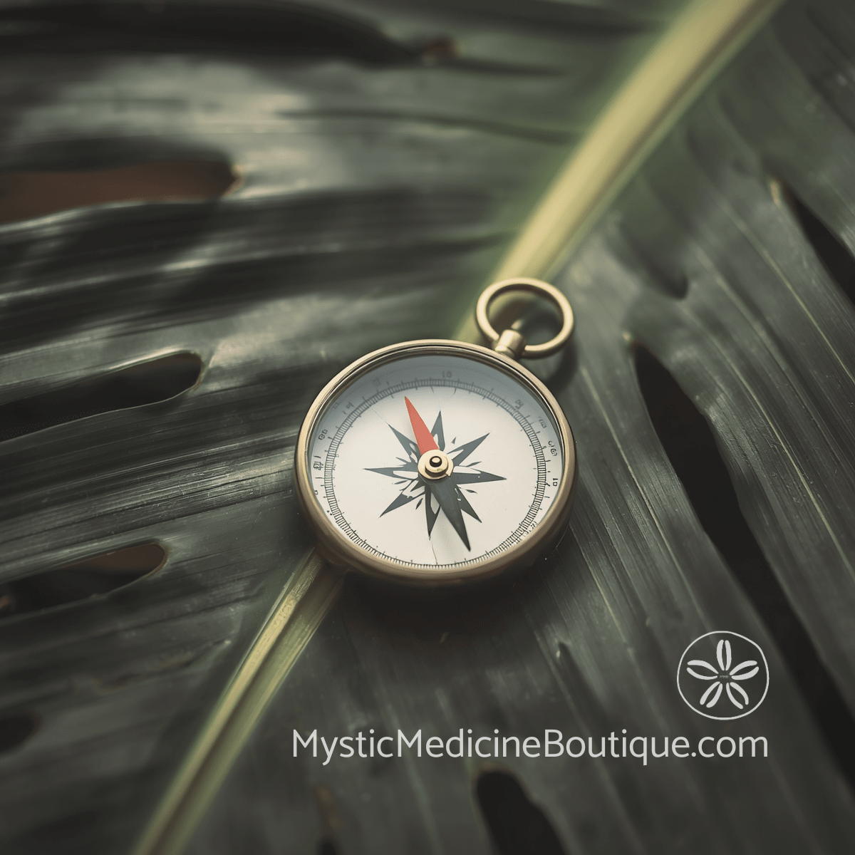 Vintage brass compass resting on dark tropical monstera leaf — kundalini awakening crisis versus normal symptoms