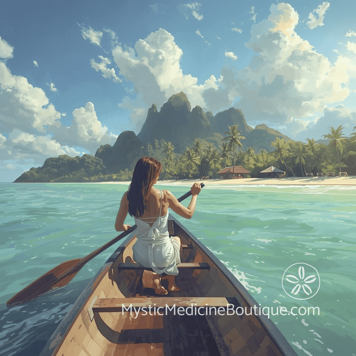 Woman rowing wooden boat toward tropical island — leaving religion spiritual reckoning exiting faith tradition into unknown territory