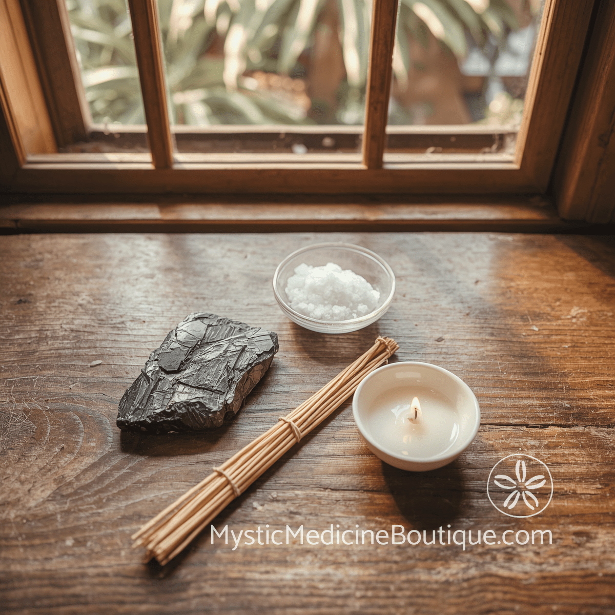 Black obsidian crystal, sea salt, palo santo, and candle energy protection ritual flat lay — long-term spiritual burnout protection practices, RN Reiki Master explains, Mystic Medicine Boutiqu