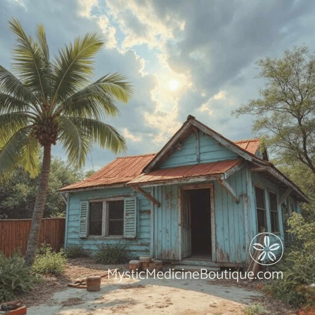 Weathered tropical cottage representing long-term energy vampire exposure damage and path to recovery