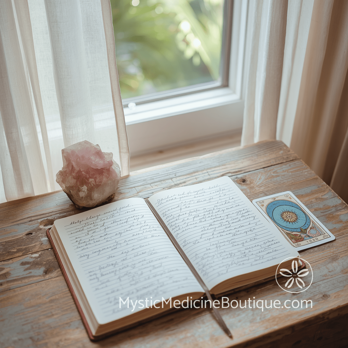 Open journal with handwritten notes, rose quartz crystal and tarot card for long-term shadow work integration during illness and grief
