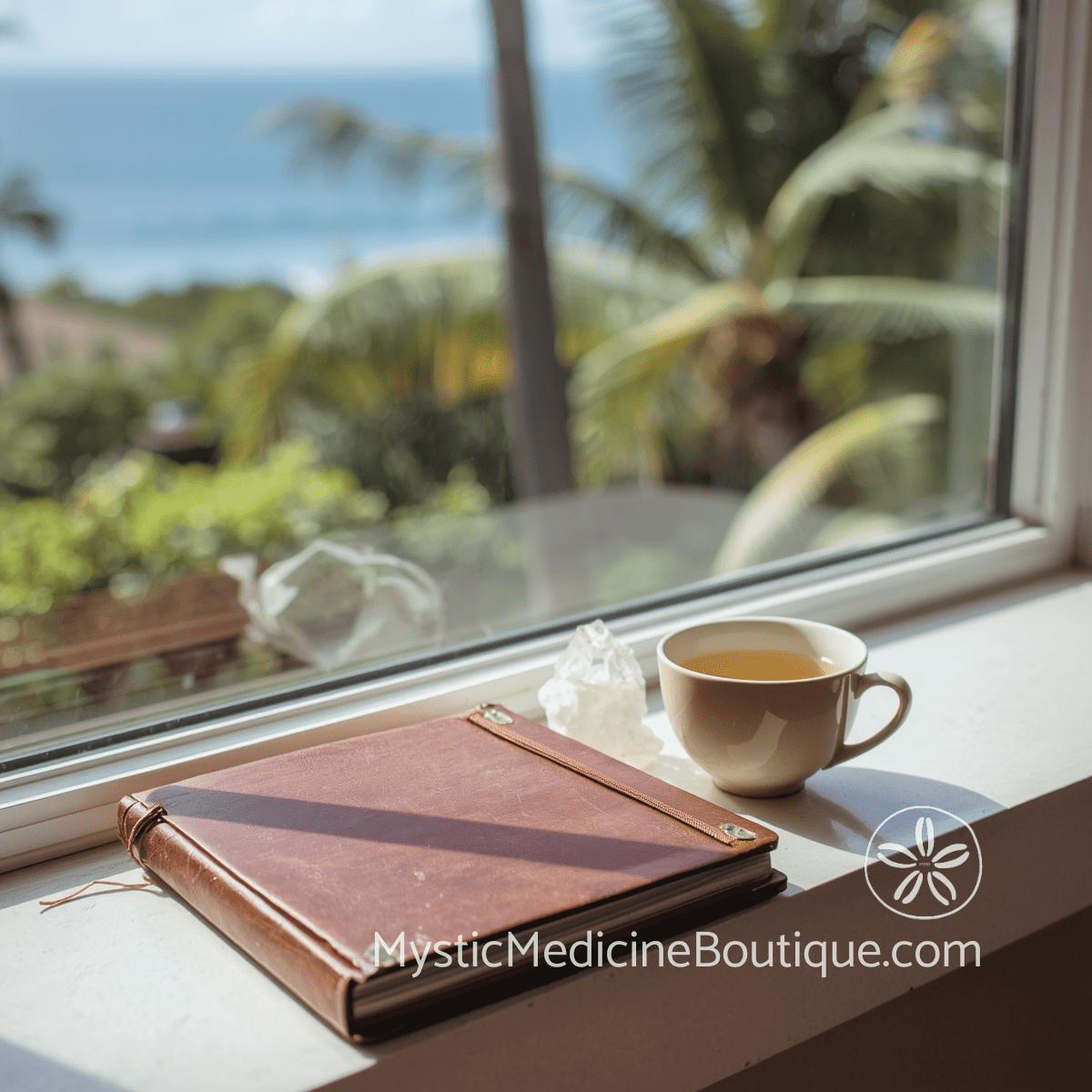 Leather journal beside a crystal and cup of tea on a sunny tropical windowsill with ocean and palm trees — long-term integration rituals to sustain kundalini energy balance