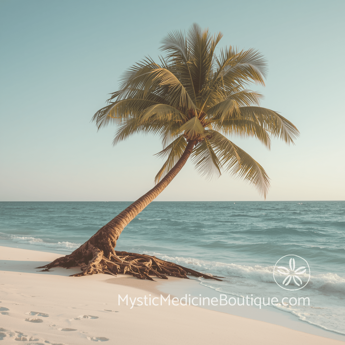 Single palm tree with visible exposed roots leaning over white sand beach and calm teal ocean representing long-term spiritual grounding during financial hardship