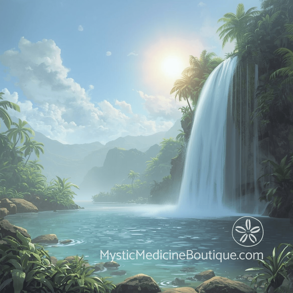 Tropical waterfall lagoon with lush palms representing the renewal of integrated RN and energy healing support during unemployment spiritual emergency
