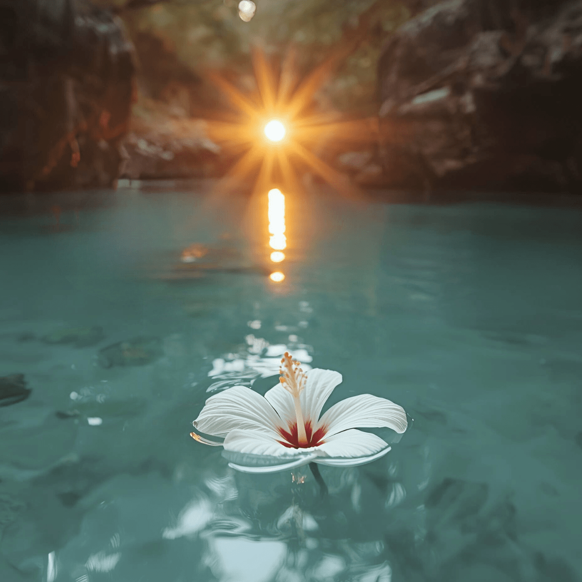 Losing a parent spiritual emergency RN professional healing perspective — white hibiscus flower floating on glowing teal water with golden light burst representing the integrated clinical and spiritual support that nursing expertise brings to parent loss