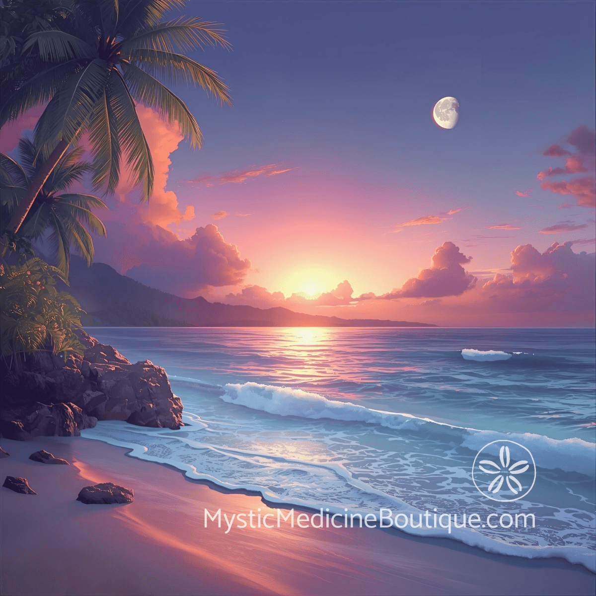 Tropical beach at sunset with moon representing manifestation backfire spiritual emergency and identity collapse when success arrives empty