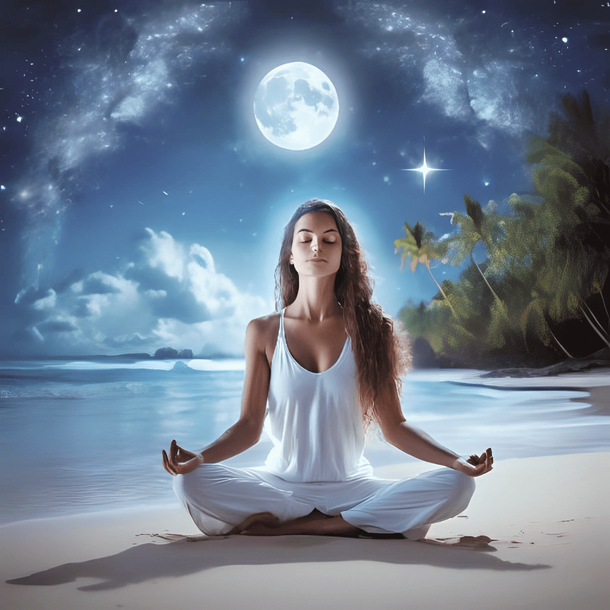 Woman meditating on beach under full moon representing metaphysical crisis and spiritual emergency
