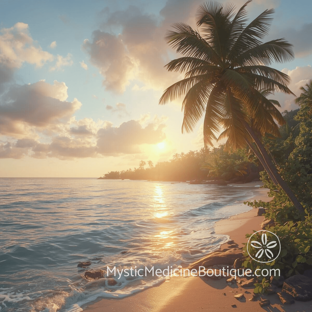 Tropical beach at golden sunrise with palm trees representing the energetic clarity and fresh protection of a morning empath routine