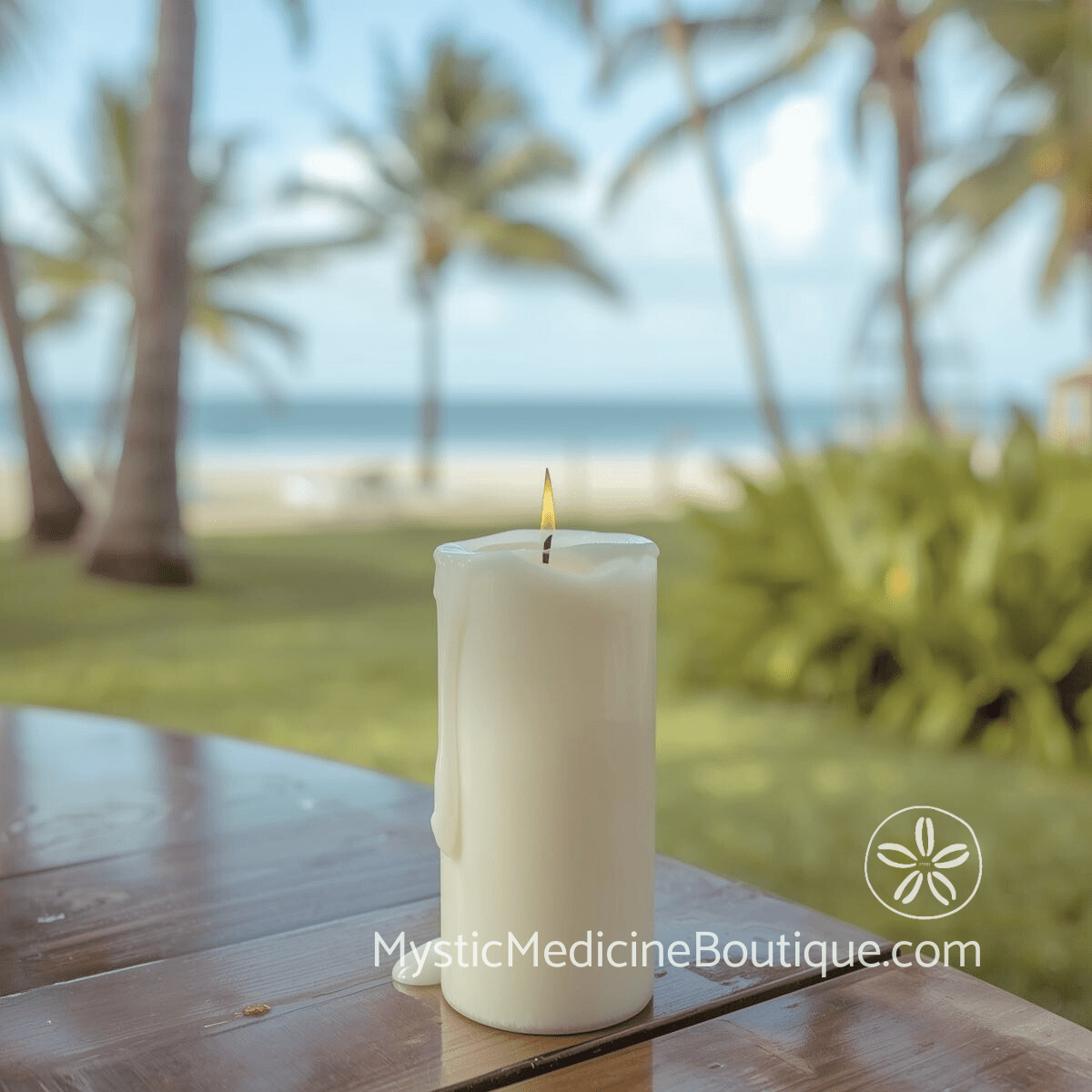 Mortality reckoning: a white candle burning on a table by the ocean — the spiritual crisis of facing death and impermanence
