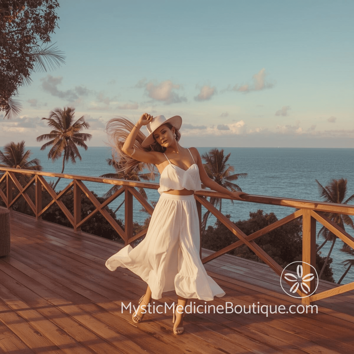 Woman in white dress dancing freely on an ocean-view deck representing the joyful physical release of movement energy clearing