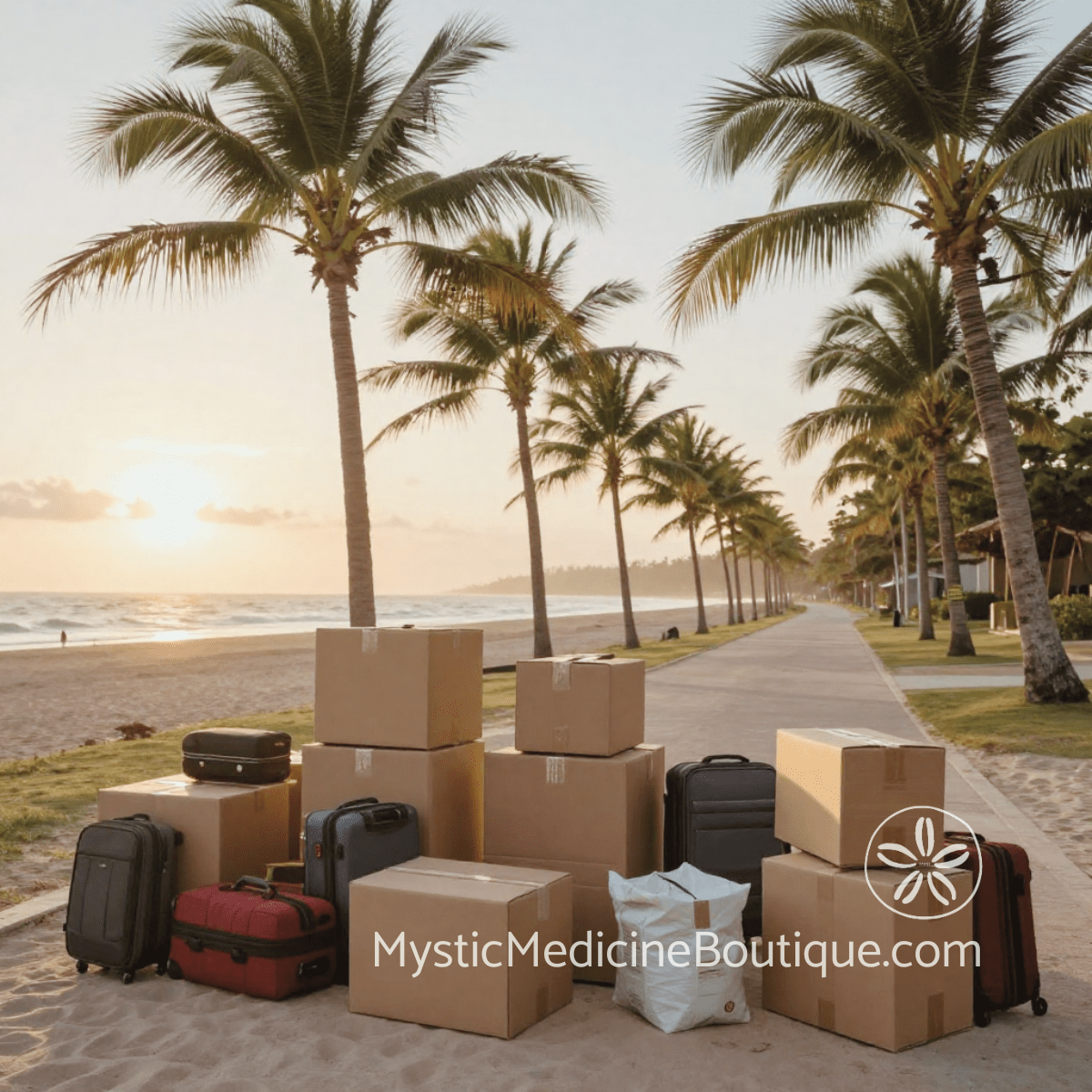 Moving boxes and luggage on beach path representing moving plus job change and compound transition stress overwhelming the system