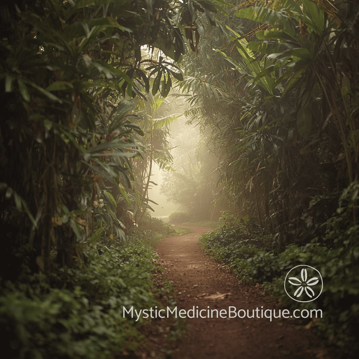 Narrow tropical forest path opening toward soft misty light, representing moving through shadow work in grief without re-traumatization