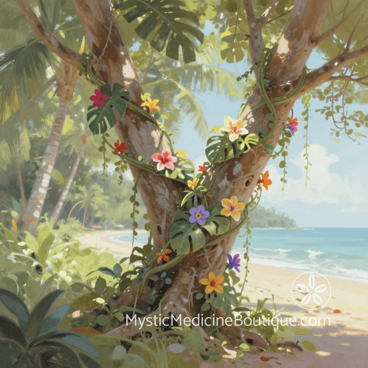 Tropical tree with colorful flowers by ocean beach — vibrant imagery for multiple chakra imbalance healing and systemic energy center restoration