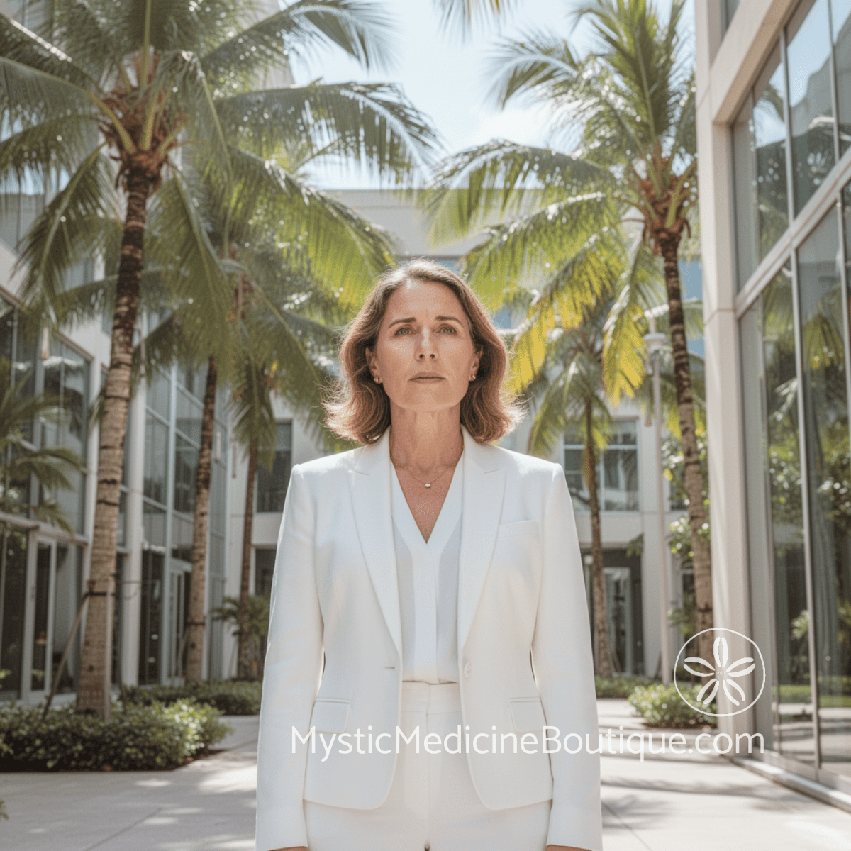 Woman in white at tropical office building — coworker drains my energy RN Reiki Master explains