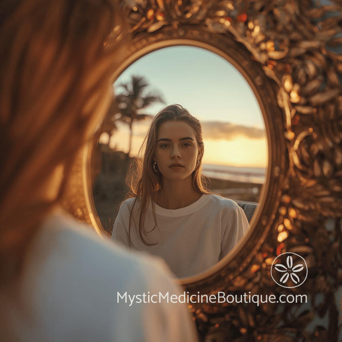 Woman in ornate mirror reflection representing narcissist energy vampire identity loss and self-erasure