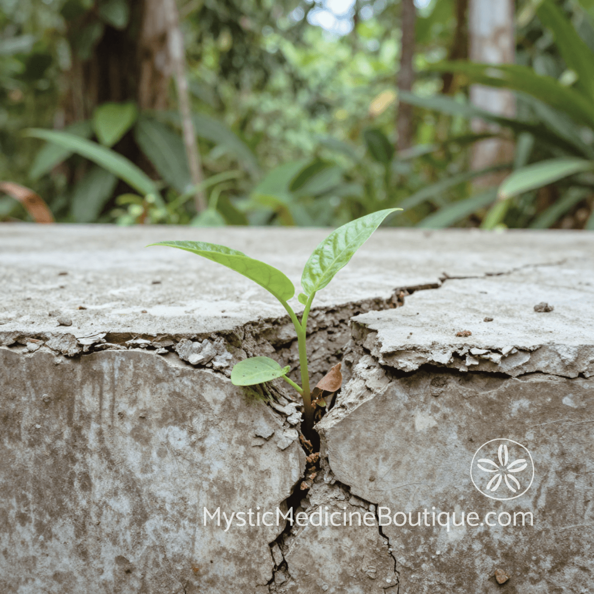 Plant growing through cracked concrete representing resilience after natural disaster plus trauma history compound crisis