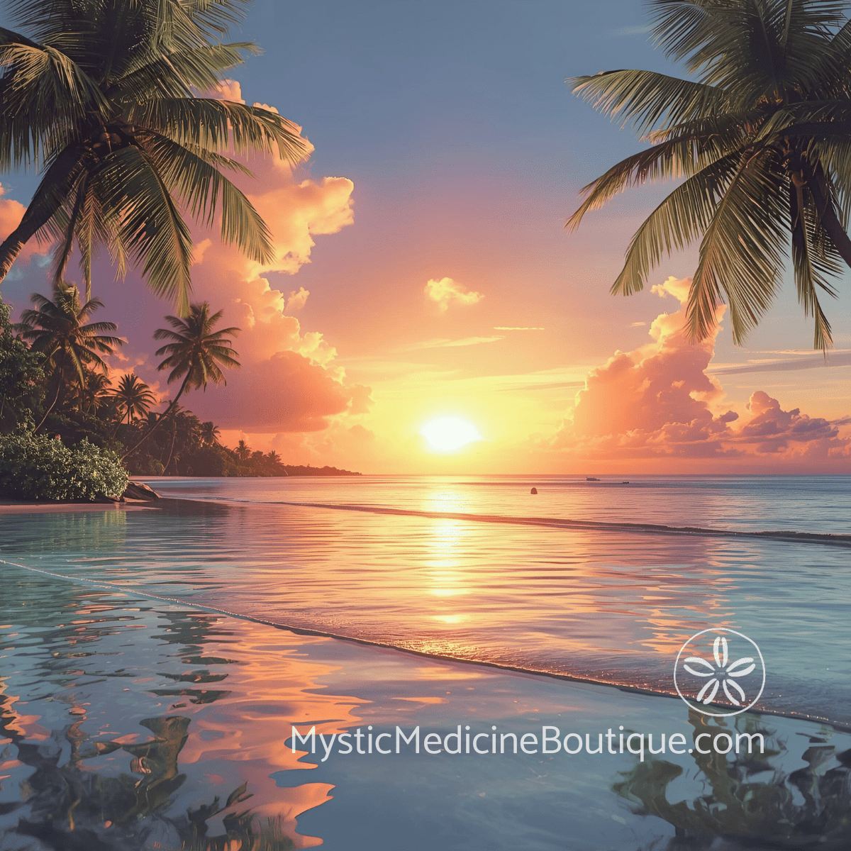 Serene tropical beach at golden hour representing hope and spiritual reconstruction after natural disaster has destroyed the sense that anywhere is safe
