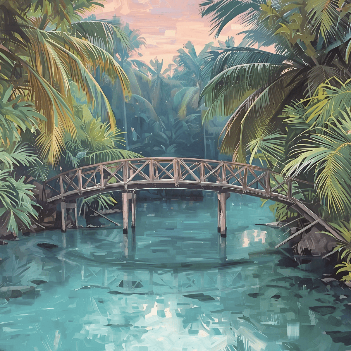 Tropical bridge over turquoise water representing near-death experience spiritual emergency and the RN Reiki Master integrated approach to NDE integration