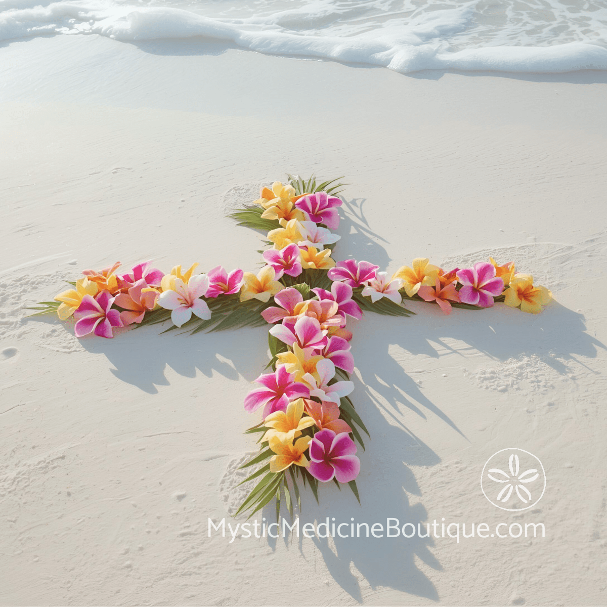 Tropical plumeria flowers arranged on white sand at the ocean's edge representing the intentional healing blessing of integrated nursing and energy healing support