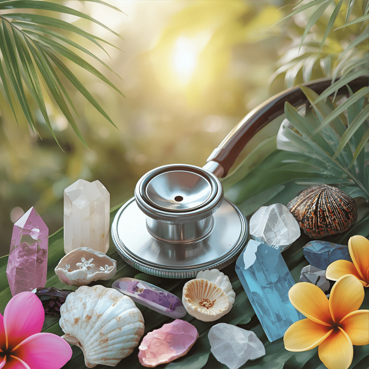 Stethoscope with healing crystals and tropical flowers representing the integrated RN and Reiki Master approach to new mother spiritual emergency