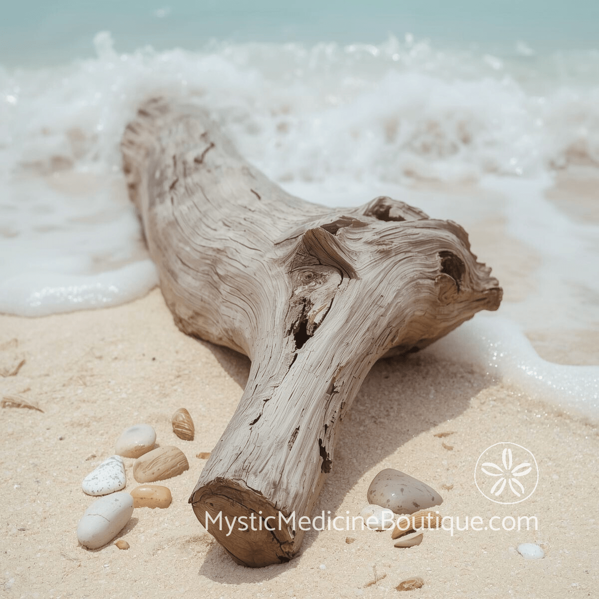 Weathered driftwood and smooth stones on sandy beach representing the clearing and release of absorbed energy from inherited and secondhand objects