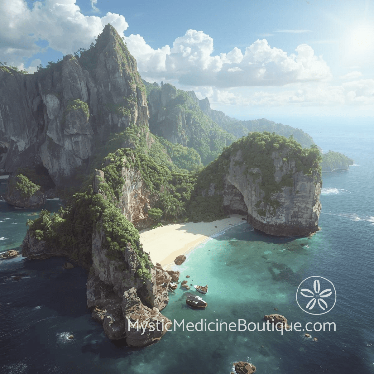 Illustrated dramatic island cliffs over turquoise ocean representing online empath protection and digital energy boundaries
