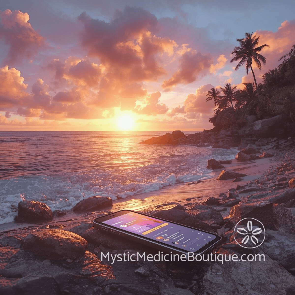 Phone on tropical beach at sunset representing online energy vampires and digital protection strategies for social media boundaries