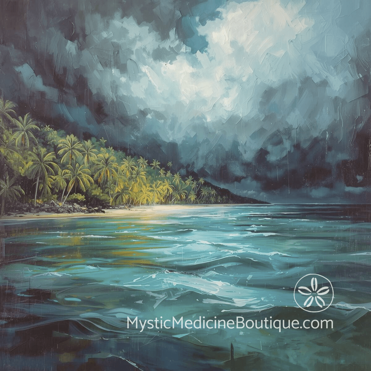 Dramatic stormy tropical bay with dark clouds and churning water representing the covert turbulence of passive-aggressive energy vampire dynamics