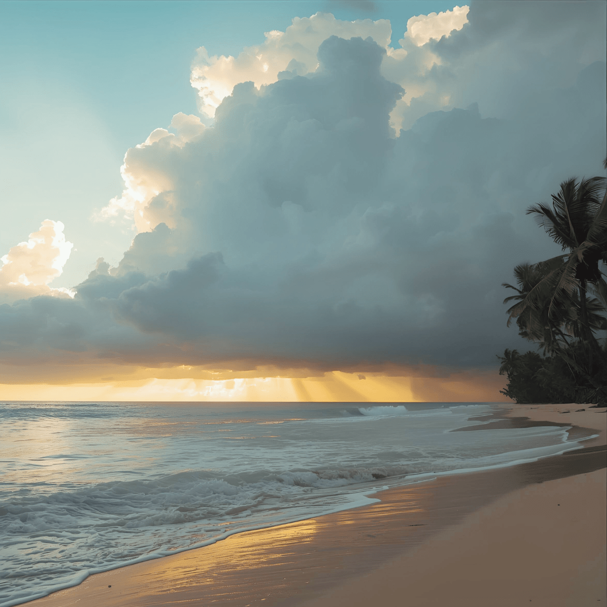 Dramatic golden sunset over tropical beach with storm clouds representing the emotional intensity of spiritual emergency triggered by patient loss burnout and trauma in nursing