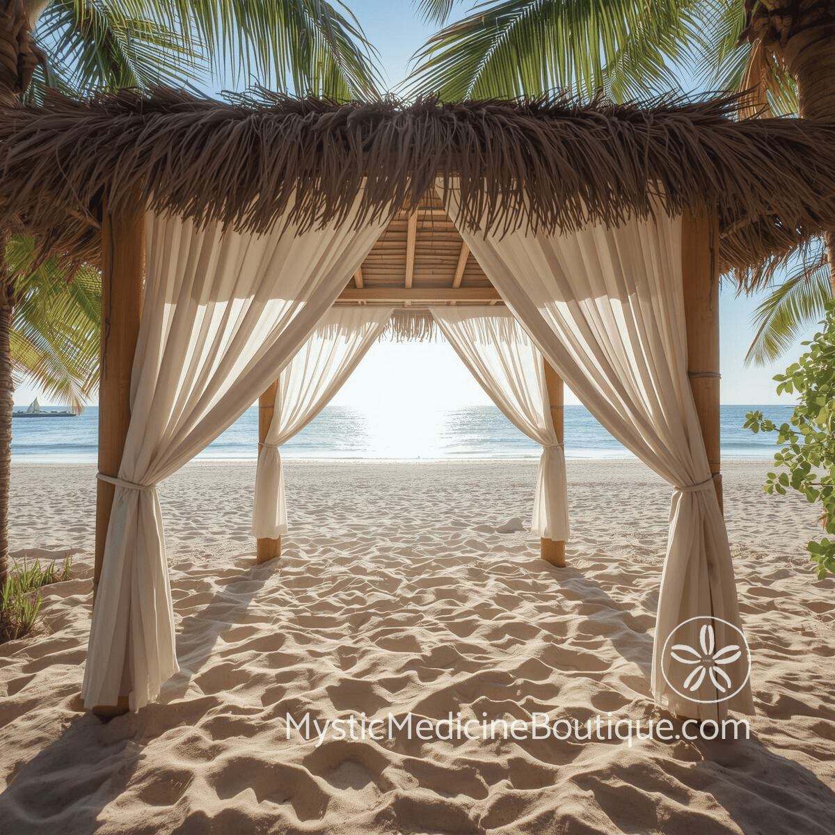 Tropical beach cabana with white curtains representing physical boundaries body autonomy and personal space protection