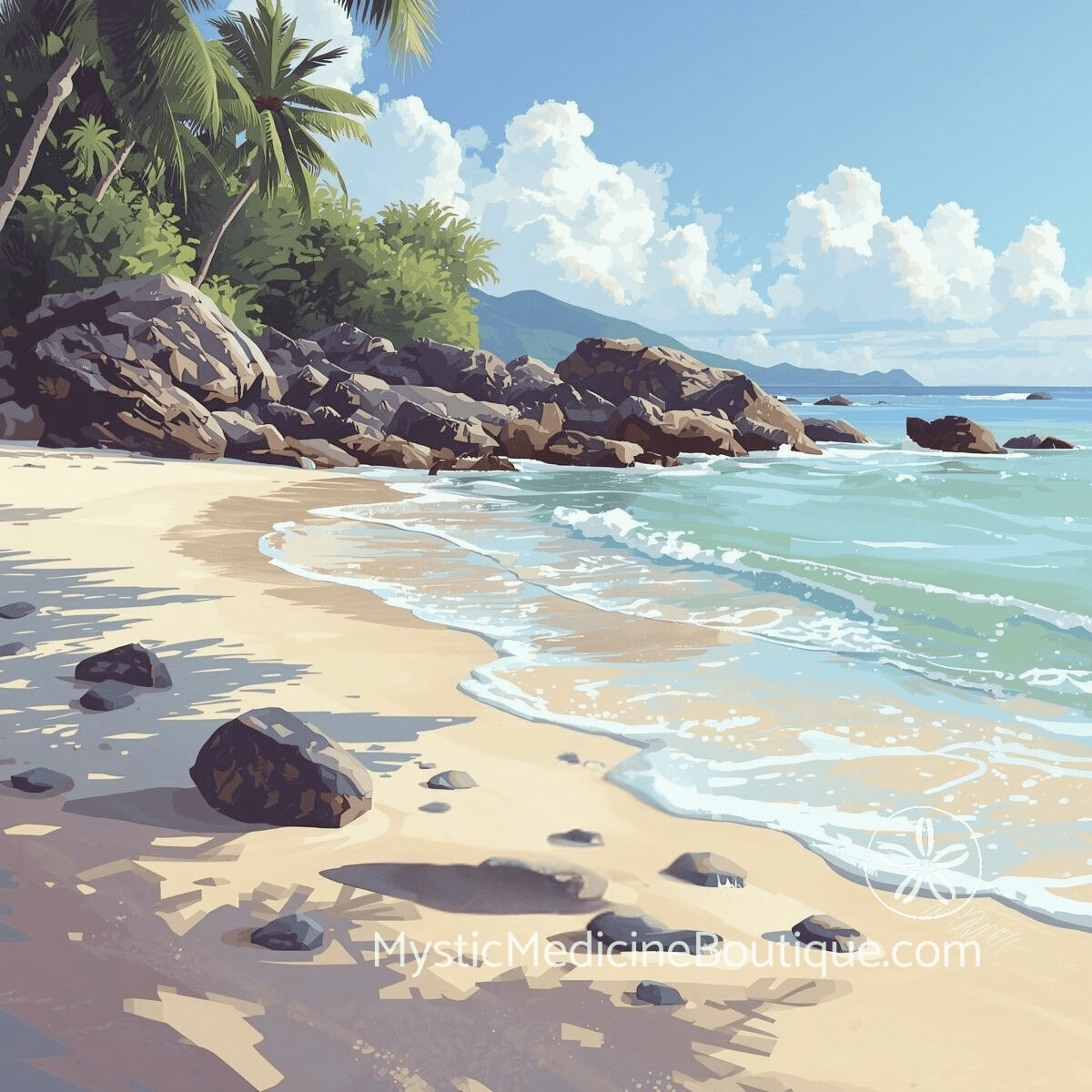 Illustrated calm tropical beach with rocks representing physical empath protection strategies