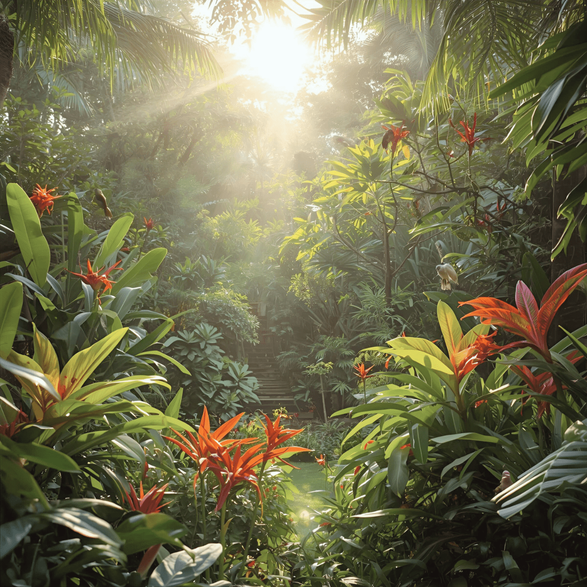 Lush tropical jungle with golden sunlight representing the vibrant healing power of plant allies during spiritual emergency and crisis
