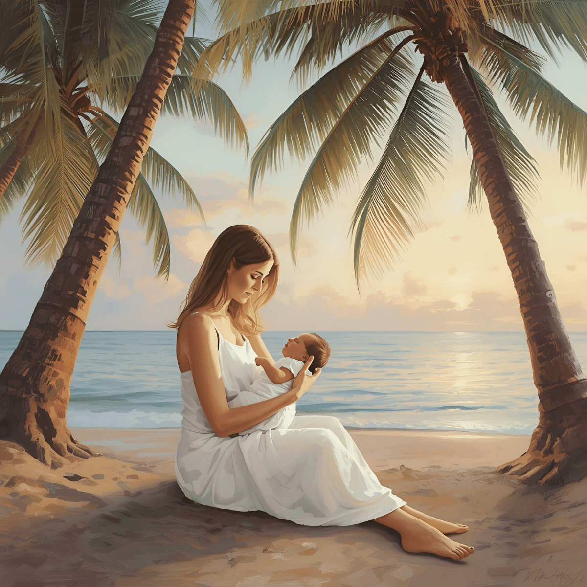 Postpartum spiritual emergency complete guide — mother in white dress nursing newborn under palm trees at tropical beach sunset representing the profound identity transformation and spiritual crisis of new motherhood
