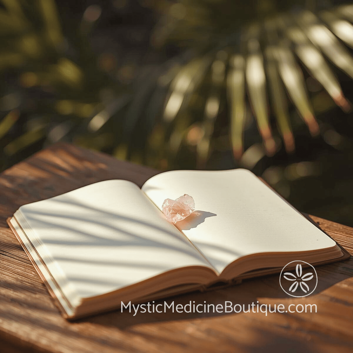 Open journal with rose quartz crystal resting in the center crease on a warm wooden surface with soft tropical palm light filtering through, representing daily affirmation practice to rebuild and maintain faith after a dark night of the soul