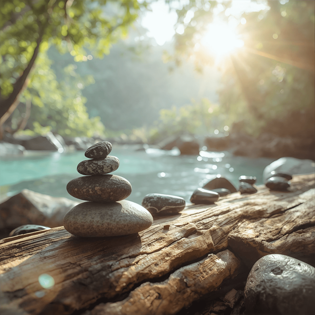 Balanced stone cairn beside a serene forest stream with golden light representing the spiritual steadiness available during pregnancy loss spiritual emergency