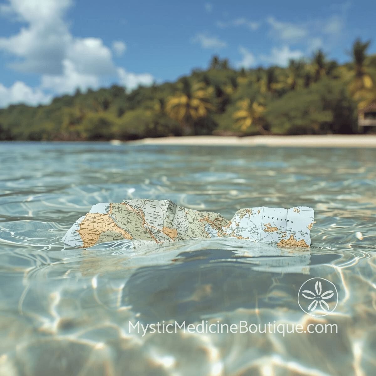 Old map floating in clear tropical water near palm-covered island representing lost direction after professional betrayal