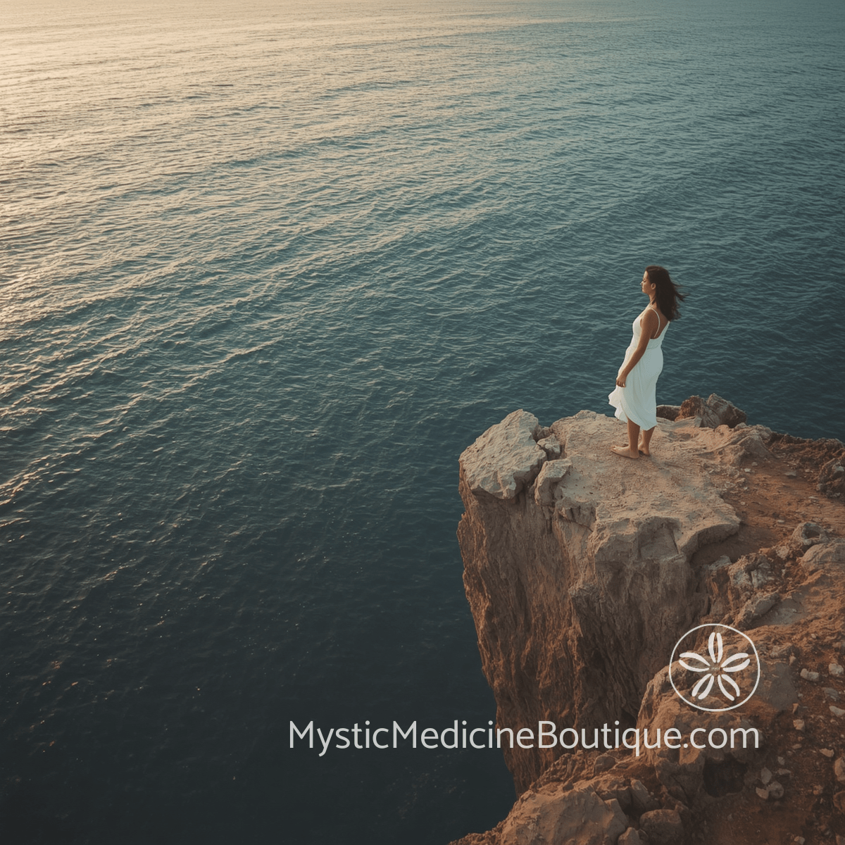 Woman in white dress standing on a rocky coastal cliff overlooking a vast calm ocean at golden hour, representing an empath building sustainable energy protection in a draining world