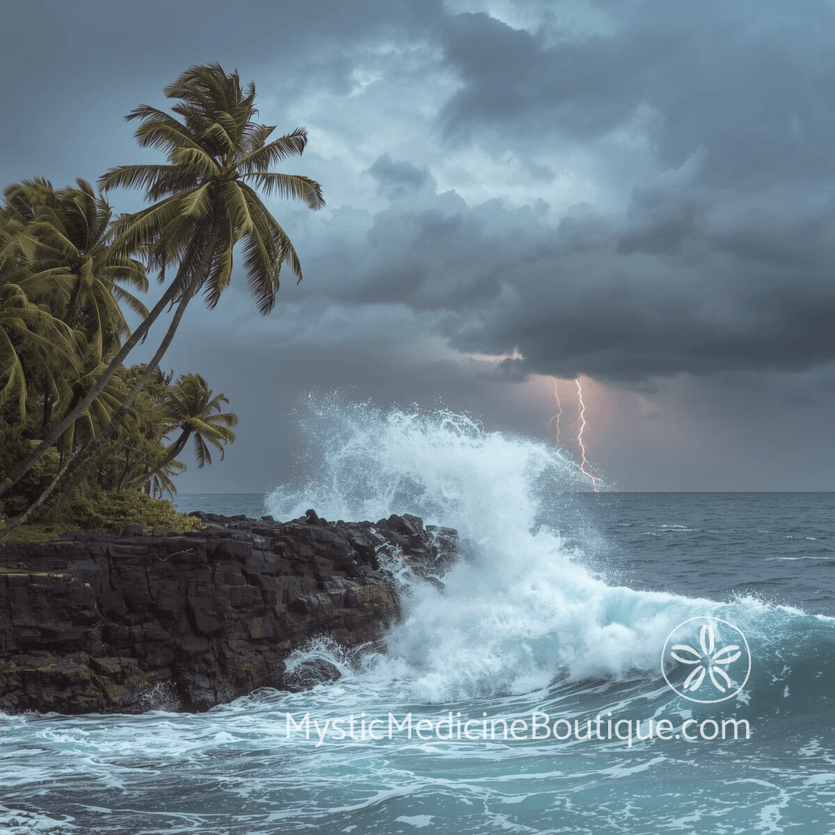 Stormy ocean with lightning and crashing waves on a rocky shore representing the urgency and force of psychic attack emergency defense