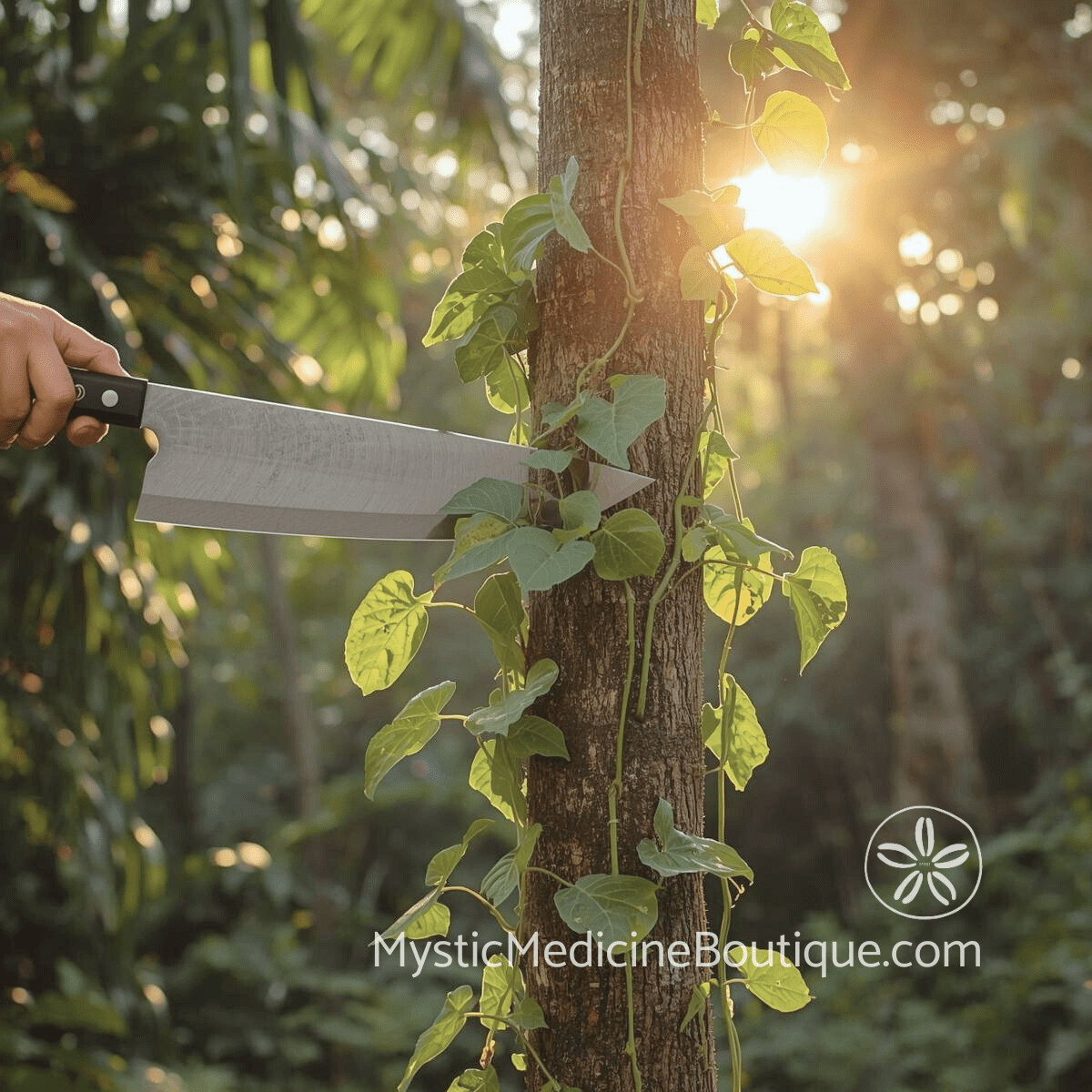Hand cutting jungle vines from a tree trunk, sunlight through tropical forest canopy — psychic cord cutting toxic attachments