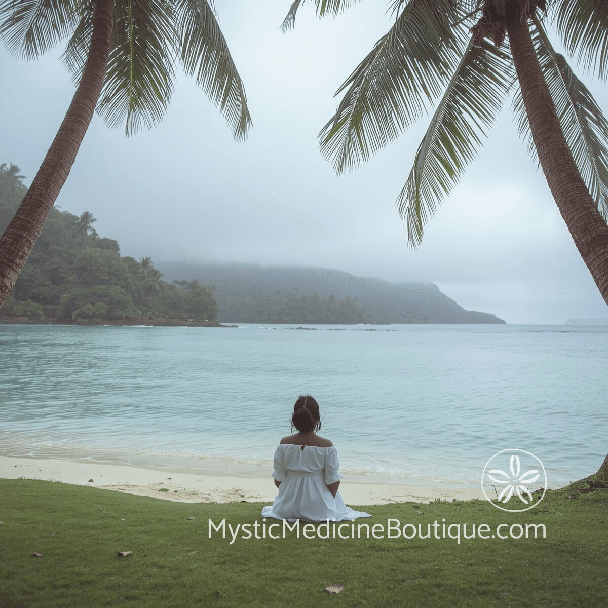 Woman in white sitting on tropical beach representing the need for energetic protection and stillness during grief