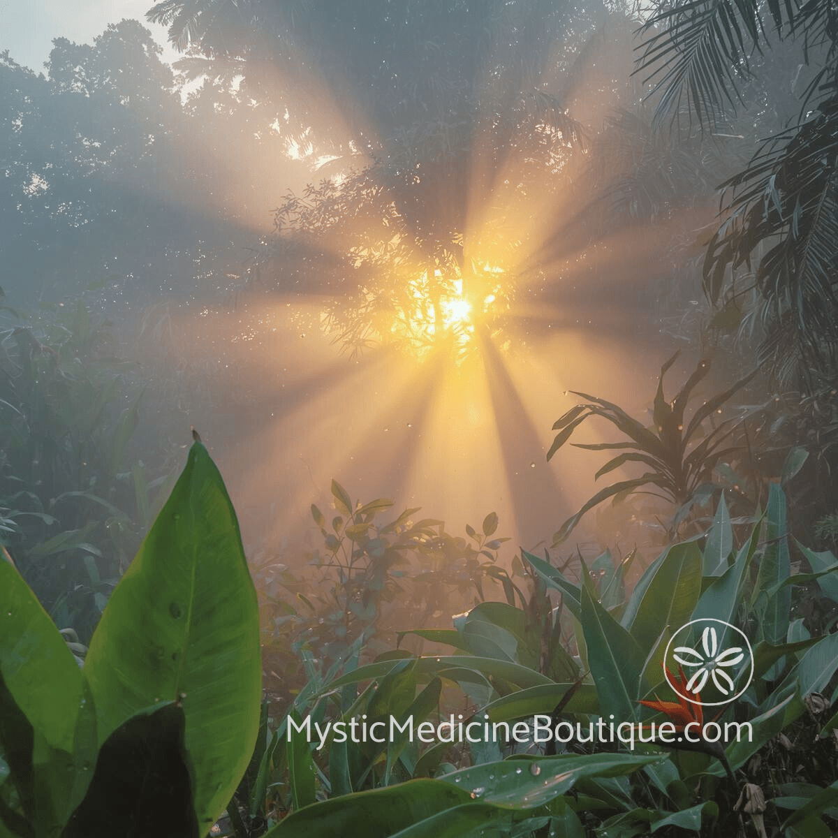 Golden sunlight breaking through jungle canopy representing spiritual awakening sensitivity expansion and consciousness shift