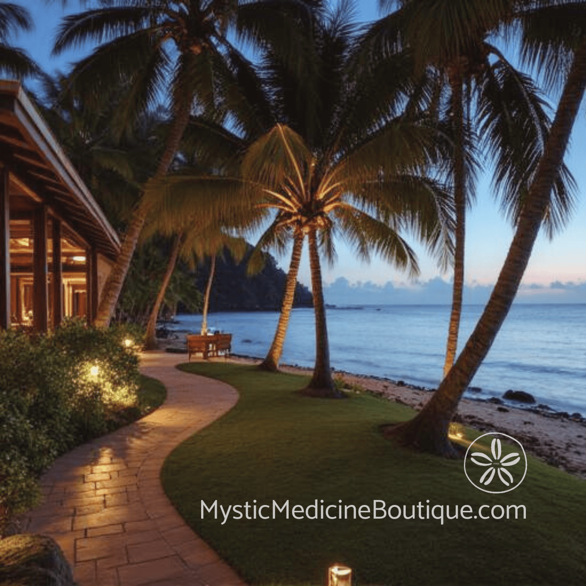 Tropical pathway at dusk representing psychic protection evening ritual and clearing absorbed energy before sleep