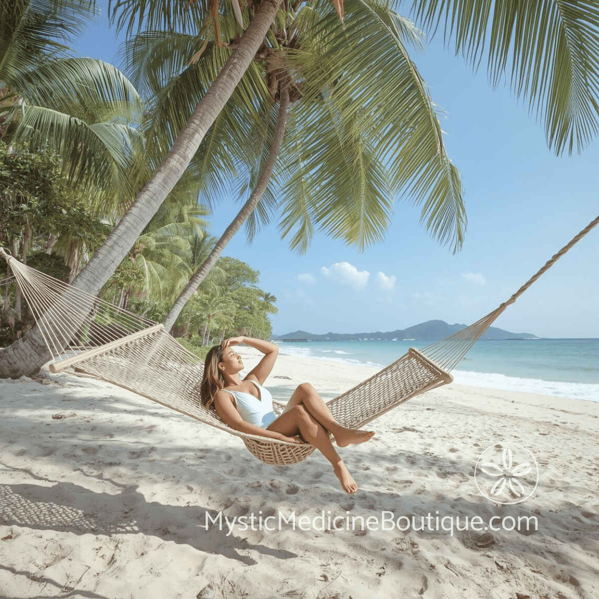 Woman relaxing in hammock on tropical beach representing empath recovery and psychic protection for highly sensitive people