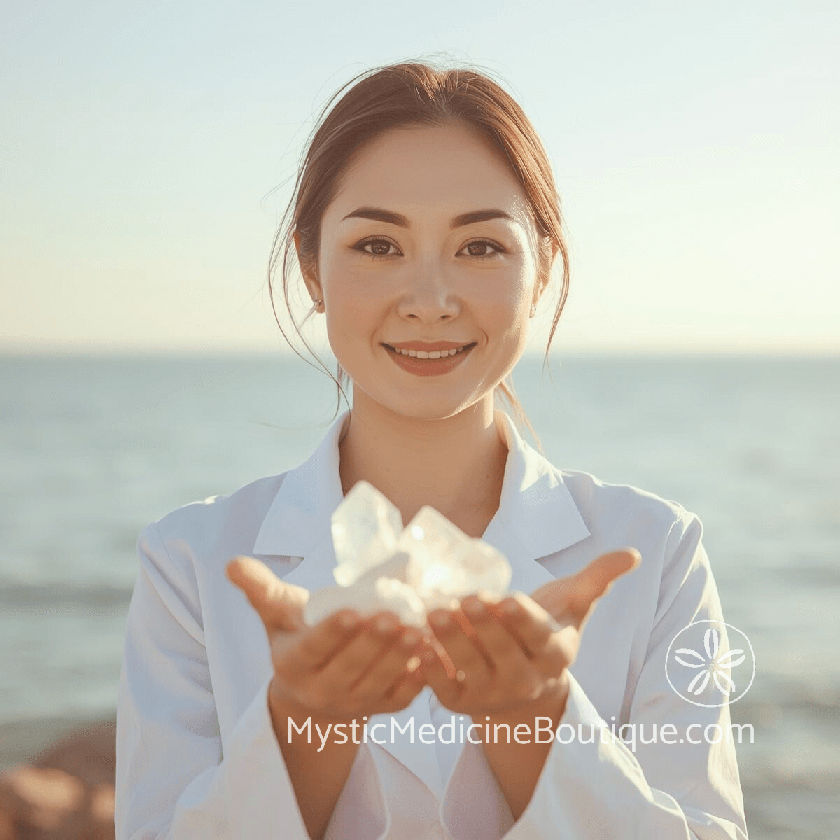A calm woman in a white jacket holding a glowing crystal at the beach — representing psychic protection through integrated nursing knowledge and energy healing for sensitive people.