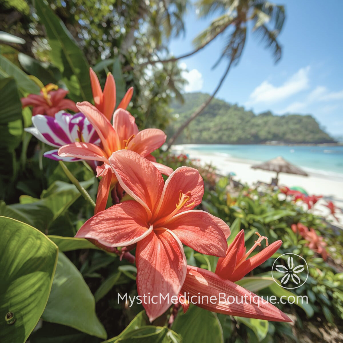 Vibrant tropical flowers on beach representing the living energetic field that psychic protection maintenance keeps healthy and strong