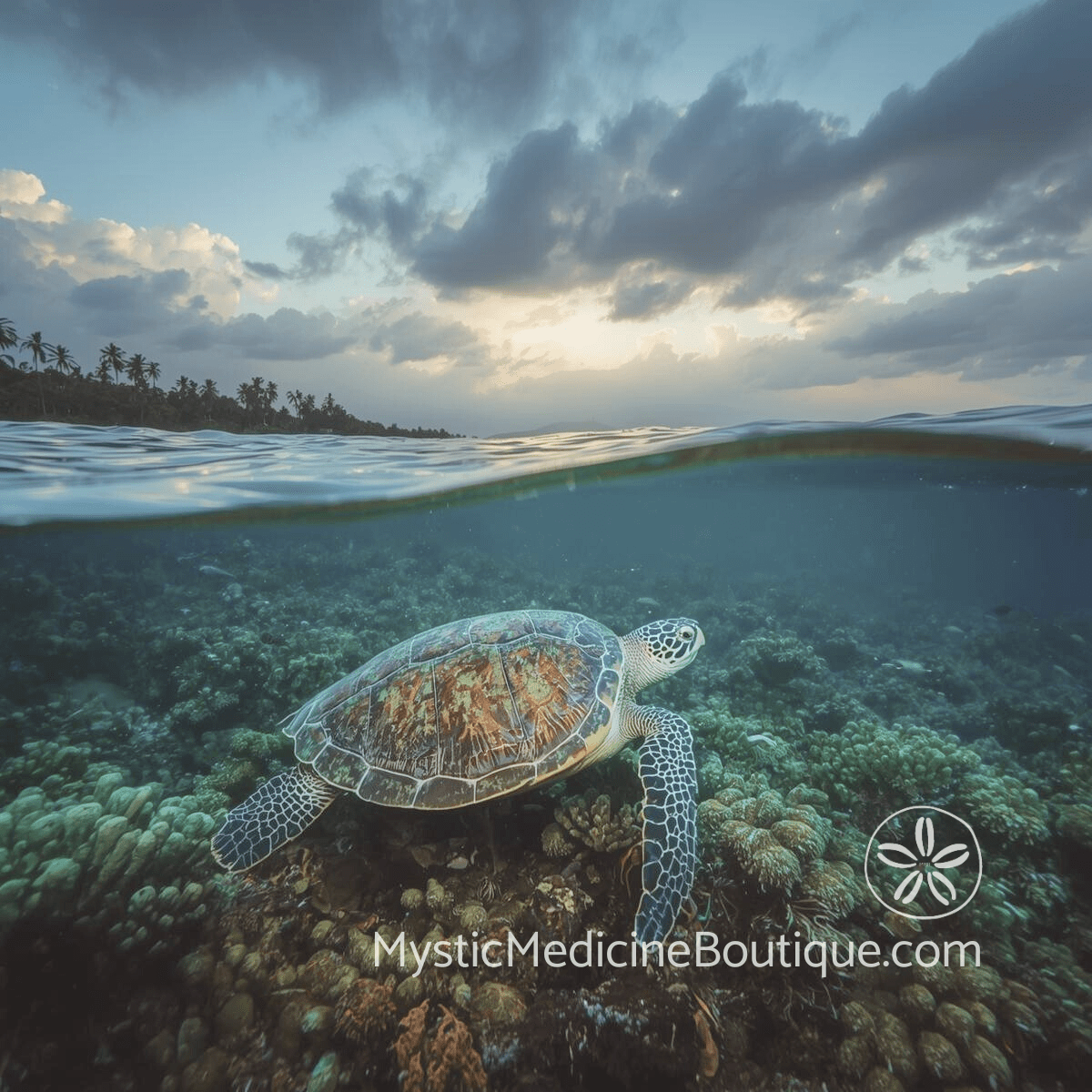 Sea turtle swimming at the ocean surface representing energetic protection and spiritual boundaries during toxic family gatherings